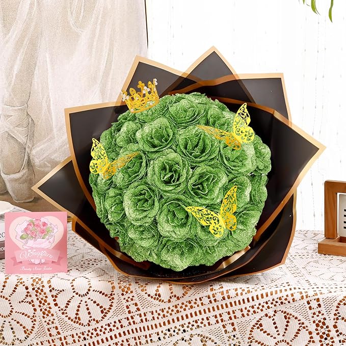 Waipfaru Glitter Roses Bouquet, DIY Green Fake Flowers Bouquet, Birthday Gifts for Women Mom, 36 Pcs Rose for Wife Girlfriend Valentines, Mothers Day, Graduation, St. Patrick's Day
