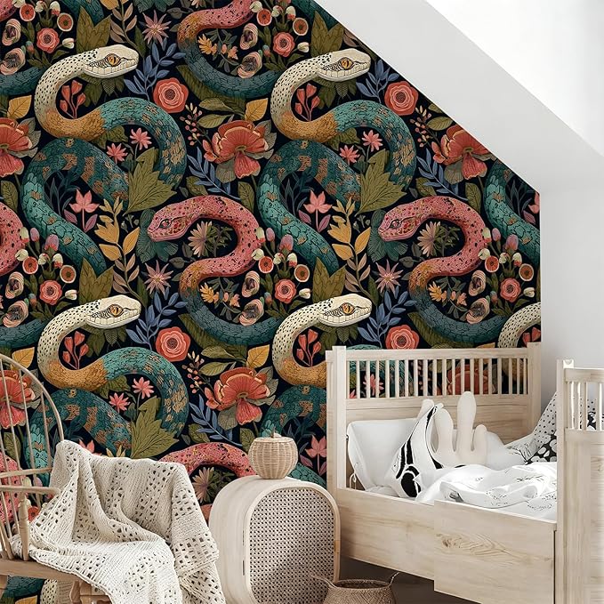 Floral Peel and Stick Modern Animal Wallpaper Whimsical Snake Removable Botanical Leaf 17.7" x 236.22" Wall Paper Watercolor Self Adhesive Contact Paper for Classroom Bedroom laundry room bathroom
