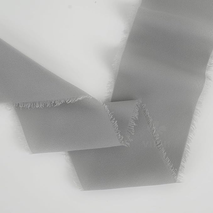MEEDEE Silver Chiffon Ribbon 3 Inch Frayed Ribbons Gray Chiffon Silk Grey Fringe Ribbon Wide Chiffon Ribbons for Crafts, Flower Bouquet, Wedding Favors Wrapping (2 Rolls 10 Yards)