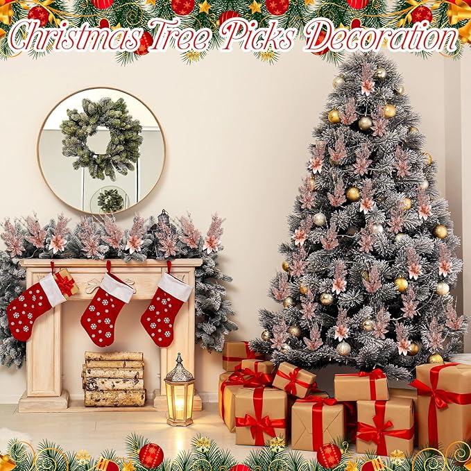 18 Pack 3 Styles 17 Inch Christmas Glitter Poinsettia Berry Stems Ornaments Artificial Floral Branches Picks for Christmas Tree Home Vase Holiday Party Decor(Rose Gold)