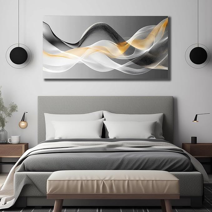 JuhaiArt Abstract Wall Decor Art Gold Canvas Modern Black Picture White Art for Bedroom Office Decoration 24" x 48"