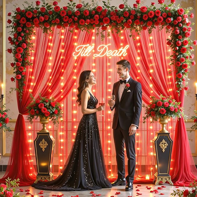 10ft x 8ft Red Tulle Photo Backdrop Curtain with Lights String for Christmas Party Red Sheer Curtain Backdrop Drapes for Birthday Party Wedding Holiday Photo Booth Background Home Room Decorations