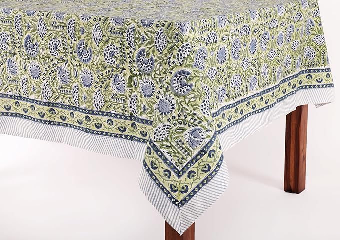 ATOSII Amara 100% Cotton Fall Tablecloth, Handblock Floral Print Rectangle Linen for Kitchen Dining I Parties Wedding Outdoors Picnics Easter I Spring Summer 72 X 108 Inches I 8 Seater Table