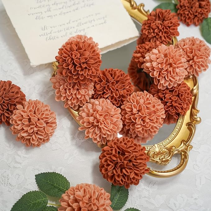 Artificial Flowers, 50pcs Artificial Rose for DIY Wedding Bouquets Centerpieces Arrangements, Terracotta Dahlia Flowers with Stems for Bridal Shower Party Home Decorations