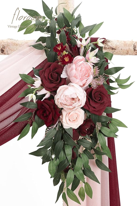 Floroom Arch Flowers with Drapes Kit (Pack of 4) - 2pcs Artificial Burgundy & Blush Floral Swag Arrangement with 2pcs Draping Fabric for Wedding Ceremony Arbor and Reception Backdrop Decoration