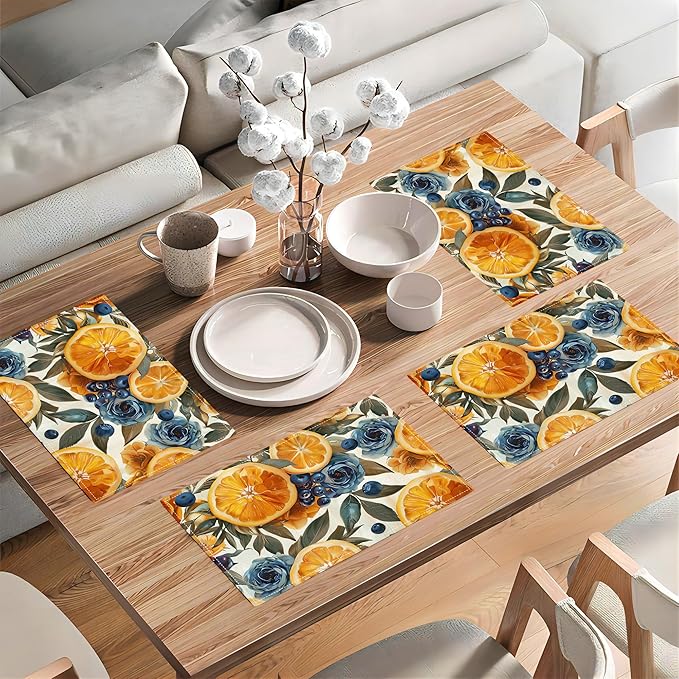 Orange Placemats Set of 6 Fruit Blueberry Rose Leaf Table Mats Washable Place Mats for Home Party Indoor Kitchen Dining Table Decoration 12x18 Inch