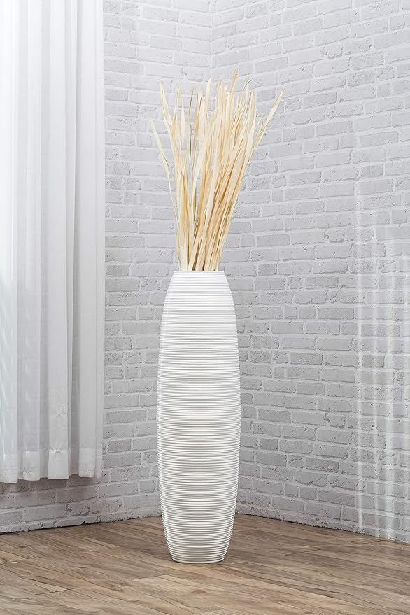 Leewadee Large 41″ Tall Floor Vase, White - Handcrafted Mango Wood for Pampas & Dried Stems
