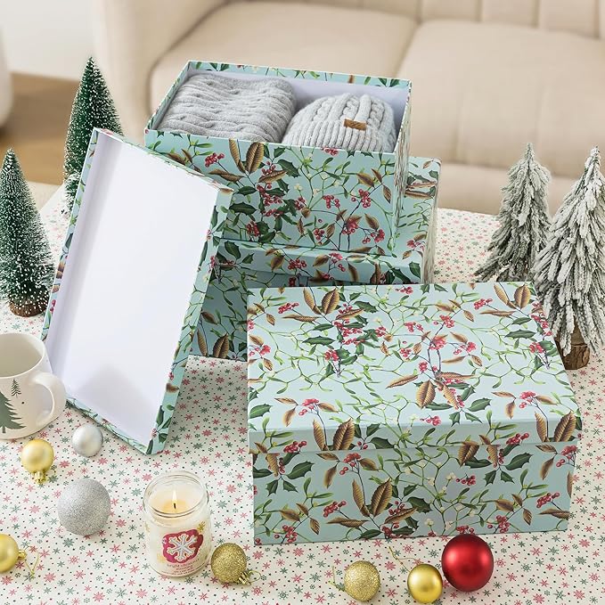 Soul & Lane Winter Berries Cardboard Boxes - Set of 3: Decorative Storage Boxes with Lids, Paper Mache Cardboard Nesting Containers, Christmas Winter Photo Cartons, Stacking Gift Wrap Storage