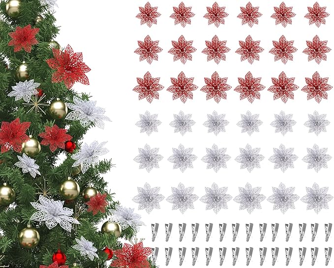 Boao Red,Silver 24 Pieces Poinsettia Flower Christmas Glitter Artificial Poinsettia with Clips Christmas Tree Ornament Decorations for DIY Xmas Wreath Holiday Home Party Decor, 3/4/6 Inches