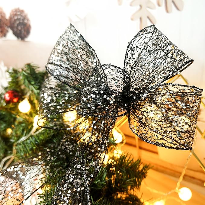 CT CRAFT LLC Sparkling Glitter Mesh Wired Ribbon 2.5" x 20 Yards Black for Christmas Home Decor Bow Gift Wrapping DIY Crafts Wreath