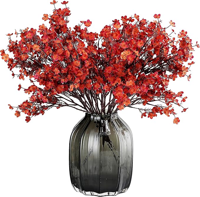 JAKY-Global Babys Breath Silk Artificial Flowers Bulk with Vase 10pcs Fall Decor Fake Flower Bouquet Bulk for Home Kitchen Indoor Arrangement Table Centerpieces Party Decor(Burnt Red Brown with Vase)