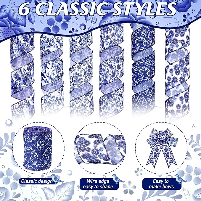 Lyrow 6 Rolls Chinoiserie Ribbon White and Blue Wired Edge Floral Ribbon Butterfly Flower Pattern Fabric Craft Wreath Bow Wrapping for Home Christmas Birthday Party Decor 2.52 Inches by 5 Yards