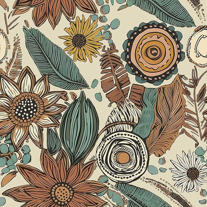 Boho Wallpaper Peel and Stick,Vintage Floral Contact Paper 17.5" x 118", Retro Botanical Flowers Wall Paper Self Adhesive Removable Waterproof for Walls Shelves Cabinet Table (Beige,Brown, Blue)