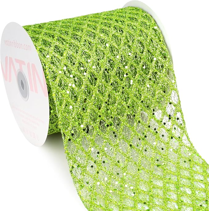 VATIN 6" Apple Green Christmas Ribbon, Green Glitter Mesh Diamond Web Sequin Dots Wired Christmas Ribbon for Gift Wrapping Bow Making Wreath Supply-10 Yards
