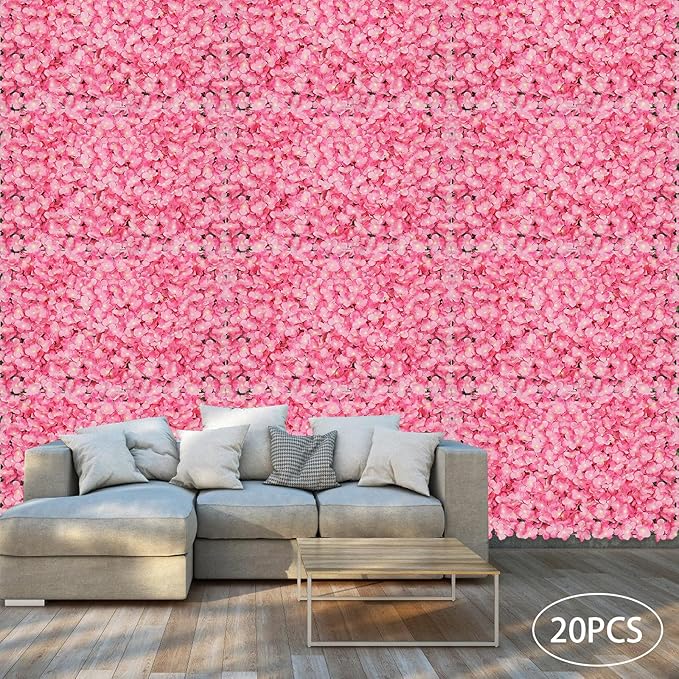 Flower Wall Panel Set, Artificial Wall Flower Backdrop,Artificial Flower Wall Mat Silk Rose Flower Panels,Hydrangea Rose Floral Panel for Party Wedding (20PCS Pink), LZ-290906