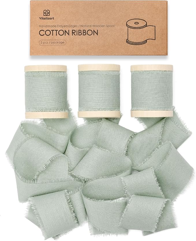 Vitalizart Dusty Sage Ribbon 1-1/2" x 15 Yd 100% Cotton Handmade Frayed Fringe Fabric Green Ribbons for Gift Wrapping Wedding Invites Bridal Shower Bouquets Christmas Decorations