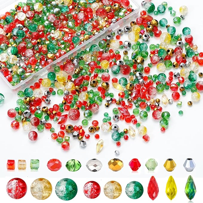 1000pcs Christmas Glass Beads for Jewelry Making Assorted Crystal Beads for DIY Crafts Bracelets Necklaces Earrings and Christmas Decorations Ornament Kits（Red Green Gold）
