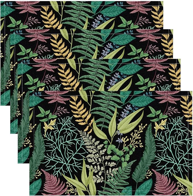 Leaf Placemats Set of 6, 17x12 Inch Vintage Natural Botanical Herbal Green Leaves Table Mats for Home Party Kitchen Dining Decor