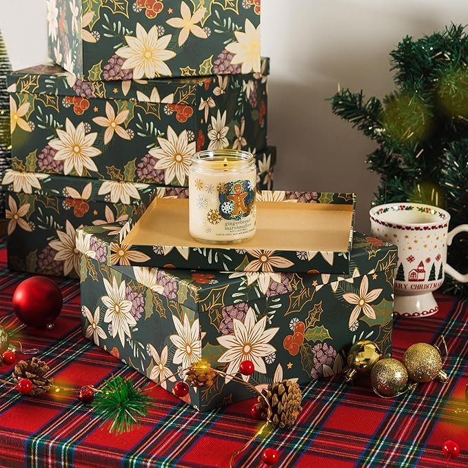 Soul & Lane Christmas Square Decorative Boxes with Lids - Set of 4 - Festive Foliage, Reusable Large Nesting Holiday Gift Boxes for Presents and Décor