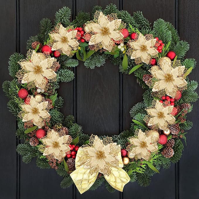 Geosar 24 Pieces Christmas Glitter Poinsettia Flowers Layered Artificial Xmas Flowers Wedding Christmas Tree New Year Ornaments 3/4/6 Inch(Gold)