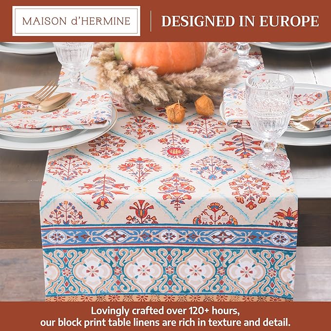 Maison d' Hermine Table Runner 100% Cotton Single Layer Table Runners 108 inches Long for Thanksgiving Christmas Decorations Home Kitchen Dining Party Wedding (Romane, 14.5" x 108")
