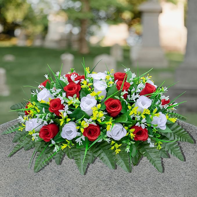 Artificial Cemetery Flowers Saddle-Shaped Tombstone Decorations Non-Fading UV-Resistant （Red and White Saddle