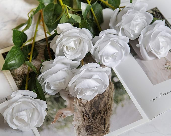 DuHouse 10pcs Fake Roses Artificial Silk Flowers Faux Rose Flower Long Stems Bouquet for Arrangement Wedding Centerpiece Party Home Kitchen Decor (Pure White)