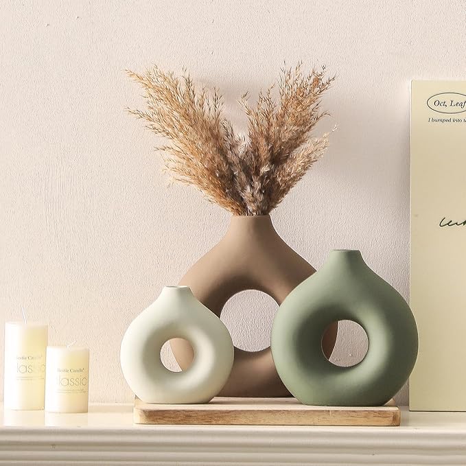Ceramic Vase Home Table Decor - Flower Vases Set of 3 Small Living Room Centerpiece Decorations for Shelf Bedroom Office Kitchen Dining Desk Modern Aesthetic Farmhouse Decorative (Brown)