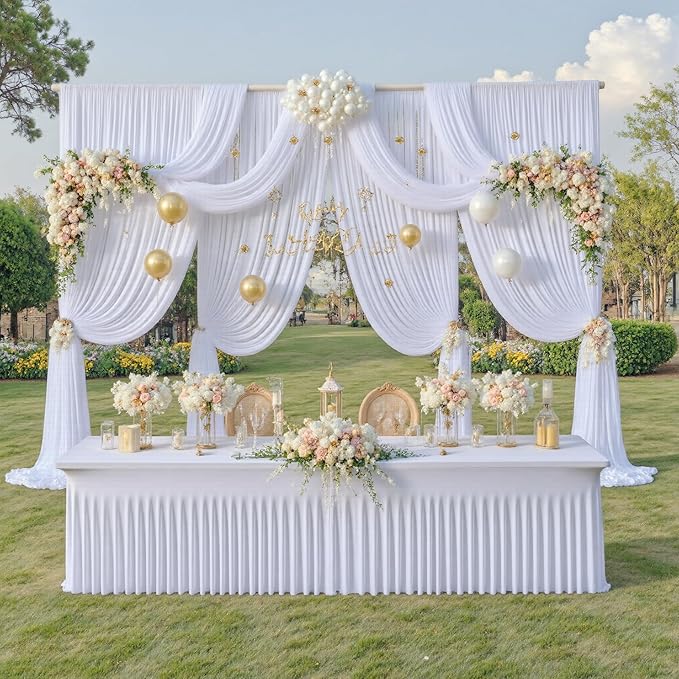 PartyVillage 60ft×15ft White Backdrop Curtain for Wedding Parties, 12 Panels Wrinkle Free 15 FT Long Polyester Photo Backdrop Drapes Back Drop Cloth for Birthday Photography Background