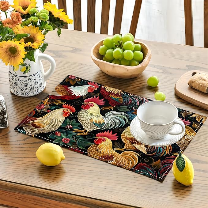 Rooster Placemats Set of 4 Rustic Country Farm Chicken Table Mats Washable Place Mats for Home Party Indoor Kitchen Dining Table Decoration 12x18 Inch
