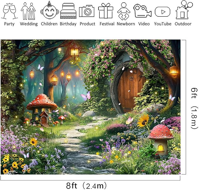 Riyidecor Fairy Backdrop Polyester Fabric Garden Butterfly Enchanted Wonderland Woodland Mushroom Floral Flower 8Wx6H Feet Nature Baby Shower Photography Background Birthday Photo Studio Shoot