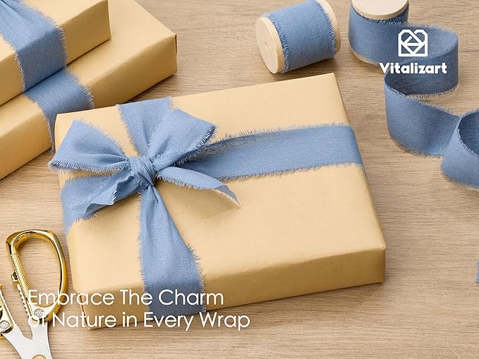 Vitalizart Dusty Blue Ribbon 1-1/2" x 15 Yd 100% Cotton Handmade Frayed Fringe Fabric Ribbons for Gift Wrapping Wedding Invites Bridal Shower Bouquets Christmas Decorations