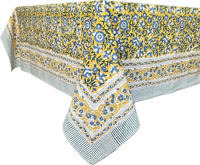 ATOSII Marigold Blue Yellow 100% Cotton Fall Tablecloth, Handblock Print Rectangle Table Cover for Kitchen Dining Linen I Parties, Weddings, Outdoors, Easter Table Decor 60 X 108 Inches I 8 Seater