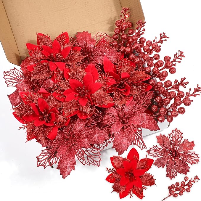 Sawowkuya 22 Pcs Red Christmas Poinsettia Artificial Flowers and Glitter Berries Stems Kit, Christmas Poinsettias Decorations and Christmas Tree Ornaments for Xmas Home Wedding Holiday Tree Decor