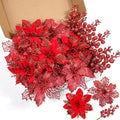 Sawowkuya 22 Pcs Red Christmas Poinsettia Artificial Flowers and Glitter Berries Stems Kit, Christmas Poinsettias Decorations and Christmas Tree Ornaments for Xmas Home Wedding Holiday Tree Decor