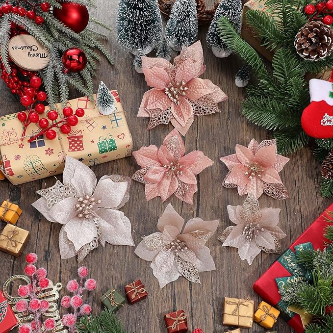 WILLBOND 36 Pieces Christmas Poinsettia Glitter Faux Flowers Christmas Artificial Flowers Tree Ornaments Topper Xmas Decorations(Champagne Gold, Rose Gold)