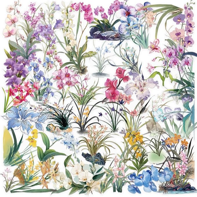 Flower Sticker,50 Pcs Waterproof Transparent Wildflower Stickers for Water Bottles, Laptop, Notebook,Scrapbooks, Journals, Planners, DIY Decoration - Assorted Floral Designs