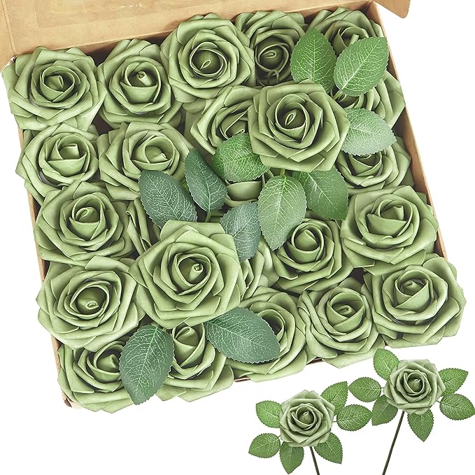 Artificial Flowers, 50pcs Artificial Rose for DIY Wedding Bouquets Centerpieces Flowers Arrangements, Elf Green Fake Flowers with Stems for Bridal Shower Graduation Events Decoration