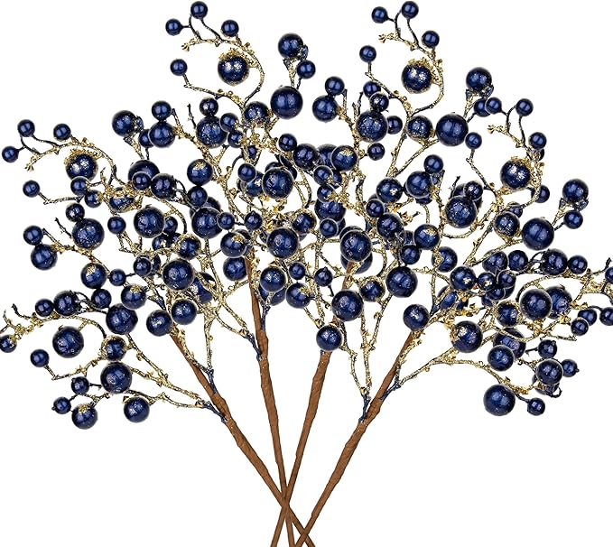 Hollyone 4 Pack Artificial Christmas Glitter Berries Stems, 19 Inch Fake Blue Holly Berry Picks with Ice Snow for Christmas Tree Wreath Floral Arrangements Holiday Home Vase DIY Crafts Decor
