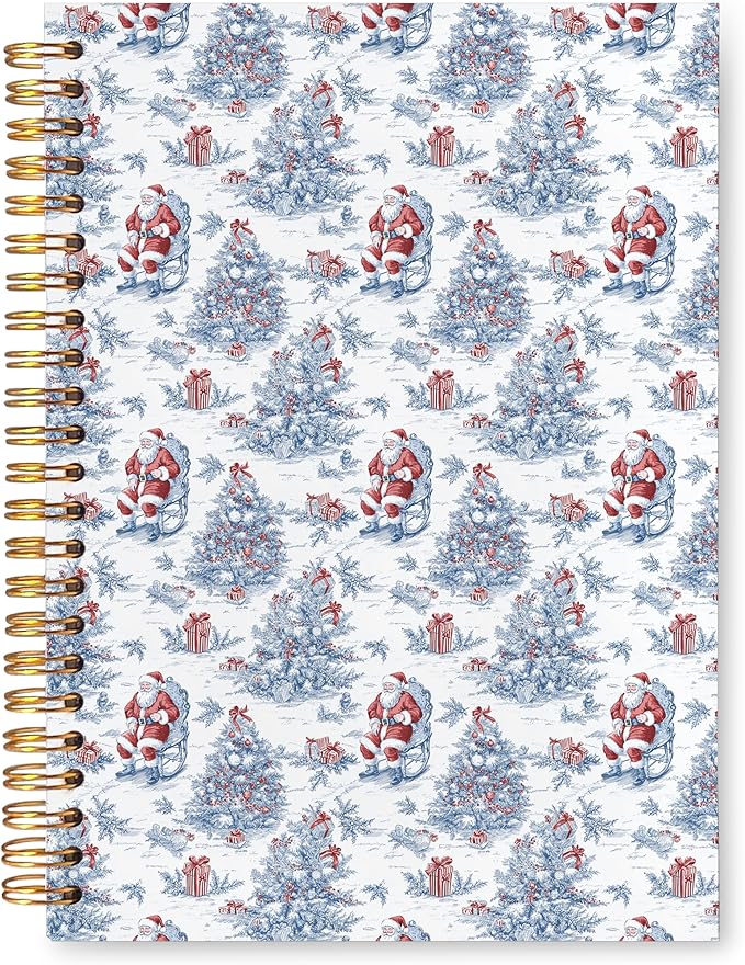 VIIJJUE Blue and White Chinoiserie Christmas Santa Notebook for Women, Vintage French Country Toile de Jouy Journal, Xmas Red Santa Holiday Hardcover Spiral Notebooks, 5.5x8.3 Inch-03