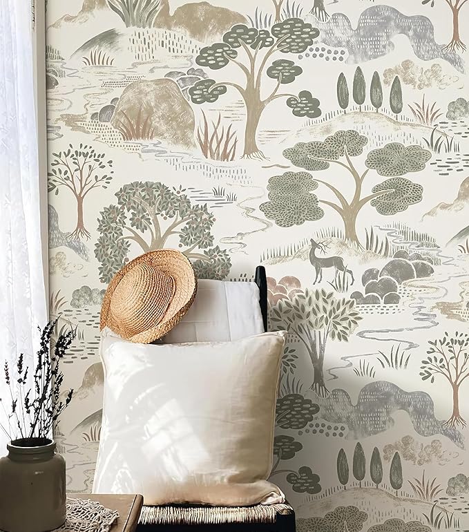 Erfoni 16.9"x118" Boho Peel and Stick Wallpaper Forest Green/Brown/White Contact Paper DIY Self Adhsive Wallpaper Waterproof Removable Peel and Stick Wall Paper for Bedroom Accent Walls Decor