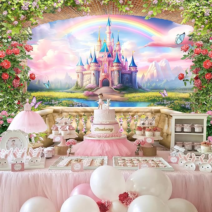 Riyidecor Pink Castle Backdrop Polyester Fabric Princess Flower Blossom Spring Floral Butterfly 8Wx6H Feet Fairy Fantasy Balcony Rainbow Photography Background Birthday Wedding Photo Studio Shoot