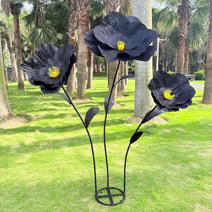 5.9 Ft Large Paper Artificial Flowers,Giant Flowers for Decoration,Standing Huge Handcrafted Poppy Flowers for Garden,Hotel,Office,Photography Props,Wedding,Art Gallery,Shop Window Display(Black)