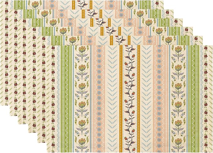 LilyCat Linen Fabric Multicolor Floral Placemats, Stripes Durable Boho Dining Table Mats for Kitchen, Rustic Vintage Washable Place Mats Set of 6, 18’’× 12’’