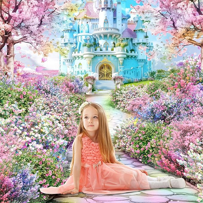 Riyidecor Princess Castle Backdrop Spring Pink Sakura Rainbow Colorful Floral 5Wx7H Feet Fairy Tale Wonderland Photography Background bridal shower wedding birthday Photo Studio Shoot Polyester Fabric