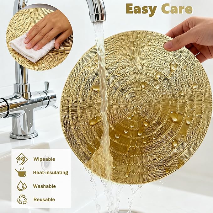 Gold Placemats Set of 6-15 Inch Round PVC Table Mats, Heat-Resistant & Waterproof Washable Place Mats for Dining Table, Elegant Metallic Decor for Holiday Dinner Party Decorations