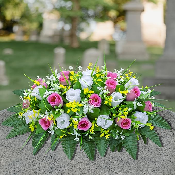 Artificial Cemetery Flowers Saddle-Shaped Tombstone Decorations Non-Fading UV-Resistant（Pink+White Saddle ）