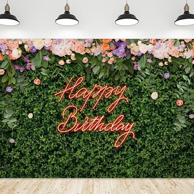 Riyidecor Green Leaves Happy Birthday Backdrop Polyester Fabric for Woman Neon Spring Flower Wall Floral Blossom Plant Botanical 7Wx5H Feet Nature Photography Background Birthday Photo Studio Shoot