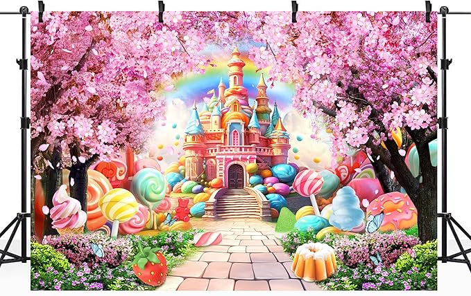 Riyidecor Princess Candyland Castle Backdrop Pink Fairy Sakura Rainbow 7Wx5H Feet Flower Floral Fantasy Tale Wonderland Photography Background Birthday Wedding Photo Studio Shoot Polyester Fabric