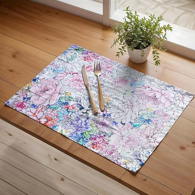Maison d' Hermine Placemats Set of 4 100% Cotton Washable Cloth Place Mats, Reusable Table Mats for Kitchen Dining Decoration, Party, Wedding, Restaurant Spring/Summer (Floral Love, 13" x 19")